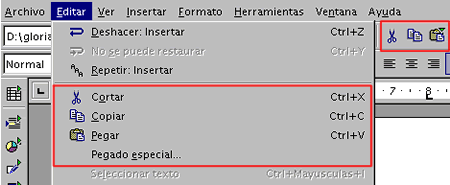 Menú Editar con copiar, pegar y cortar